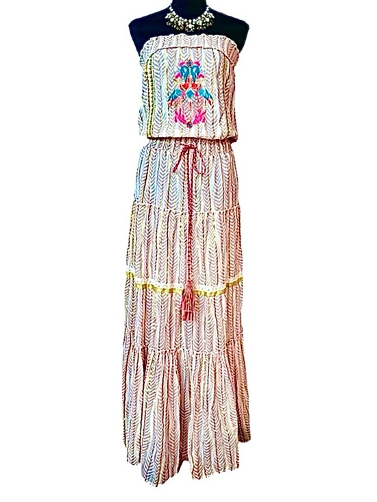 VENUS Dresses & Skirts - VENUS ~ Creams, Pinks, and Golds Embroidered Lace Glitter Tube Top Maxi Dress